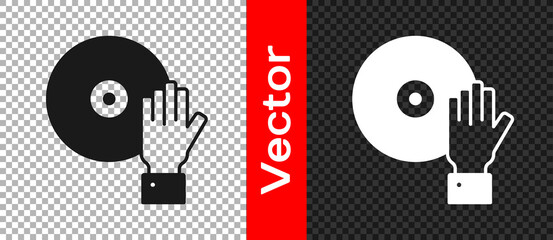 Black DJ playing music icon isolated on transparent background. Vector