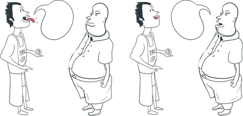 Two funny cartoon characters are having a heated conversation. One of the men sticks out his tongue from the passion of the argument.