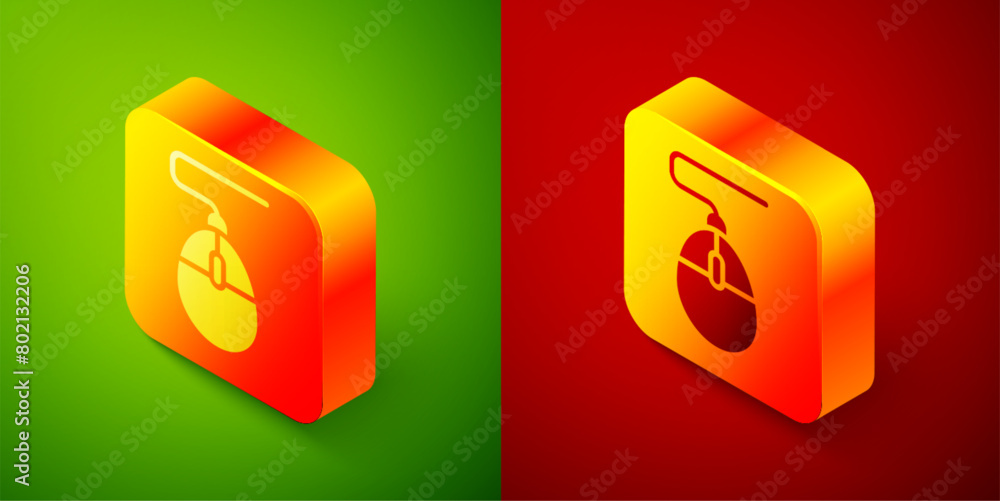 Poster isometric computer mouse gaming icon isolated on green and red background. optical with wheel symbol