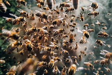 Aerial view of a swarm of honey bees buzzing around a hive, showcasing their organized chaos as they fly through the air