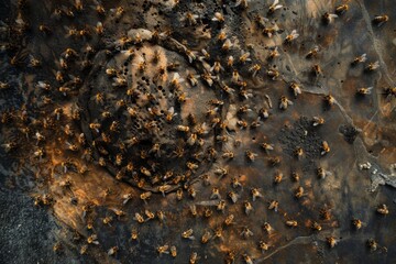 A hive of honey bees buzzing around a piece of wood in organized chaos