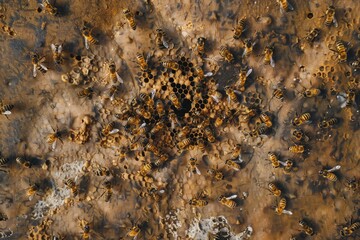 A swarm of honey bees buzzing around a hive on a dirt ground, showcasing their organized chaos