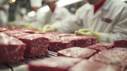 photo shot of quality control inspectors conducting rigorous checks on packaged beef products, ensuring they meet industry standards
