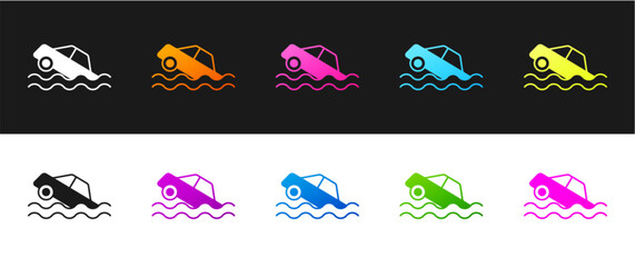 Set Flood car icon isolated on black and white background. Insurance concept. Flood disaster concept. Security, safety, protection, protect concept. Vector