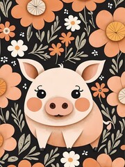 Floral Cute Baby Pig Nursery Generative AI Illustration 