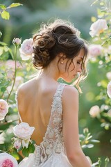 A bride with a stylish updo and an open back wedding dress stands against a backdrop of roses