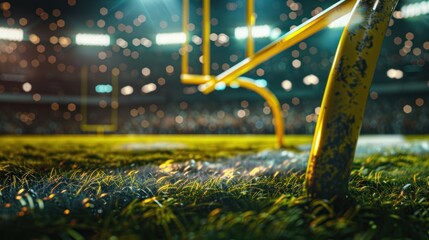 Close up American football arena with yellow goal post, grass field at playground view