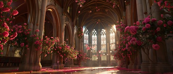 A spacious gothic hall bathed in sunlight with towering windows and climbing pink roses