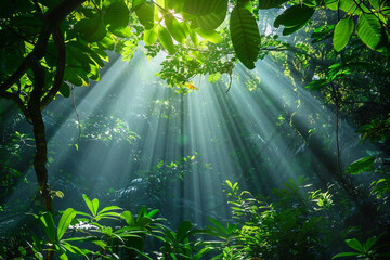 Rays of sunlight filtering through a dense forest canopy.