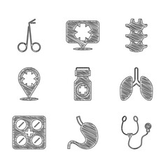 Set Medicine bottle and pills, Human stomach, Stethoscope, Lungs, Pills blister pack, Location with cross hospital, spine and Medical scissors icon. Vector