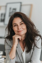 Portrait of a charming elegant mature middle-aged brunette stylish middle aged businesswoman sitting in light office touch her chin and smiling at camera, sitting wearing casual clothes