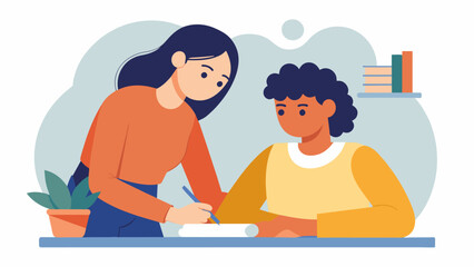 In a writing workshop for individuals with dysgraphia a mentor with the same condition guides a new participant in developing writing strategies.. Vector illustration