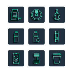 Set line Mobile with heart rate, Dumbbell, Fitness shaker, Punching bag, Sports nutrition and Smartwatch icon. Vector