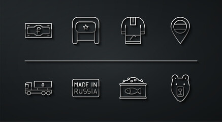Set line Russian ruble banknote, Tanker truck, Location, Tin can with caviar, Made, Ushanka, Bear head and Kosovorotka icon. Vector