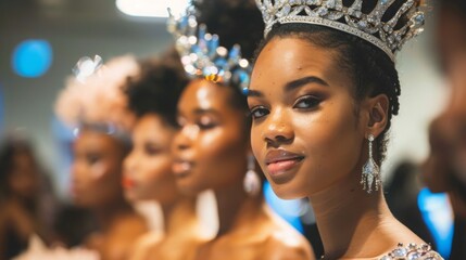 A woman adorned with a bejeweled crown stands out during a beauty pageant, with fellow contestants blurred in the background.