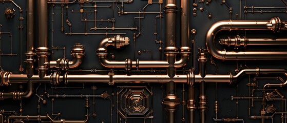 Intricately connected copper pipes on a dark background