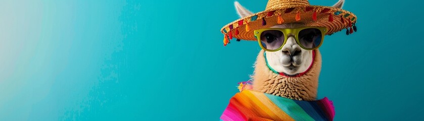 Llama in a sombrero and colorful poncho sporting sunglasses