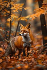 Red fox in a lush forest autumn colors framing its alert stance