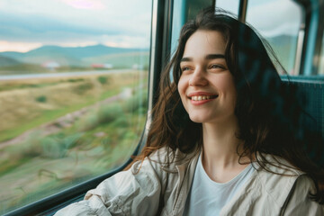 A woman with long hair is smiling and looking out the window of a train