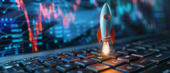 Rocket launching from keyboard financial charts background