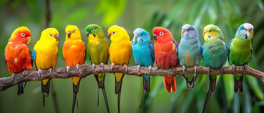 Row of colorful tropical birds on a branch vibrant plumage