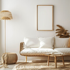 A living room with a white couch and a wooden coffee table. The couch is covered in pillows and a rug is in the middle of the room. A lamp is on the left side of the room