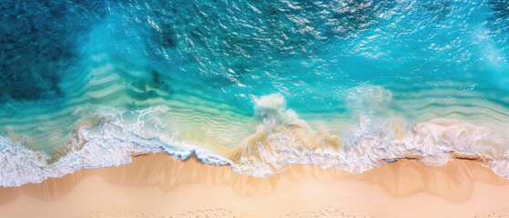 The ocean is calm and blue, with a gentle wave rolling in - Powered by Adobe
