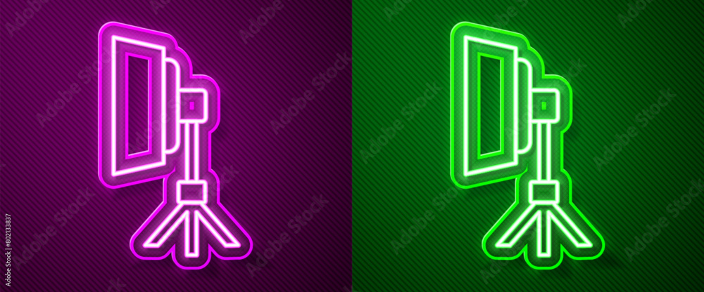 Poster glowing neon line studio light bulb in softbox icon isolated on purple and green background. shadow 