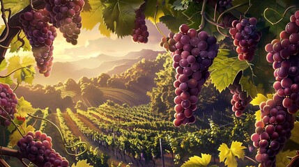 A lush vineyard with ripe, plump grapes hanging from the vines