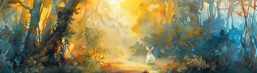 A mystical watercolor painting of a rabbit standing in a sunlit forest