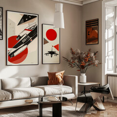 A living room with a white couch and a black chair. A large poster of a fighter jet is on the wall