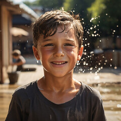 On a summer day, a boy enjoys water.