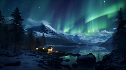 Aurora landscape with snow and mountains