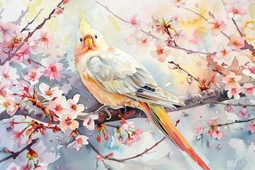 A white cockatoo sits on a branch of a cherry blossom tree. The delicate pink and white blossoms are in full bloom, and the bird's