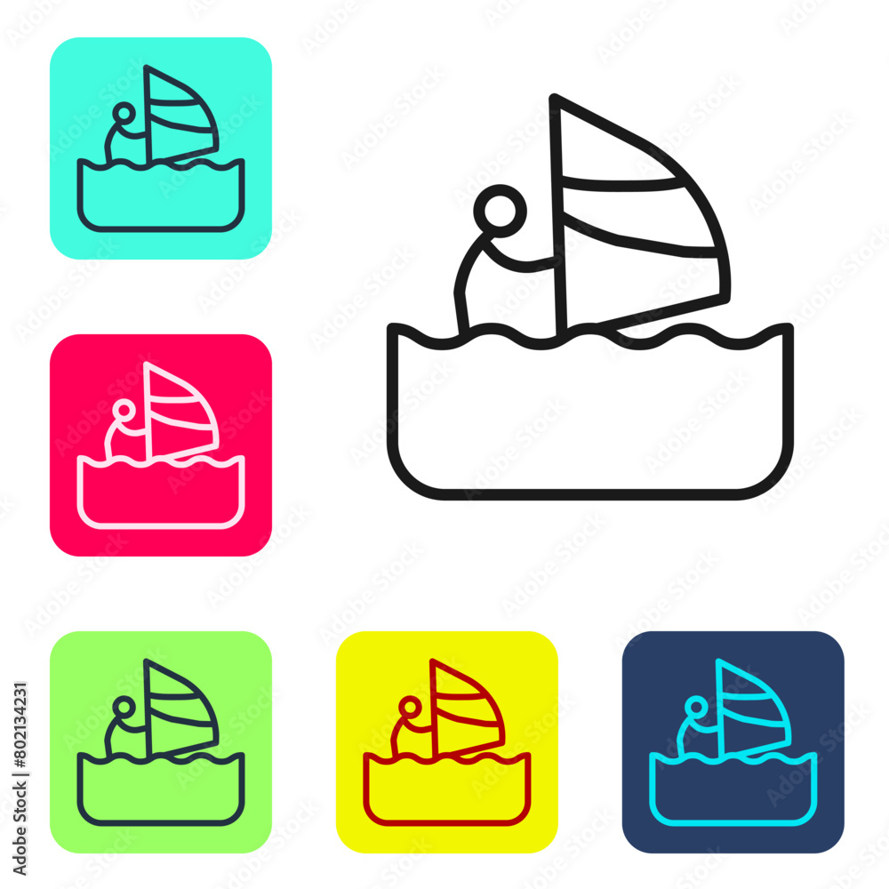 Poster black line windsurfing icon isolated on white background. set icons in color square buttons. vector