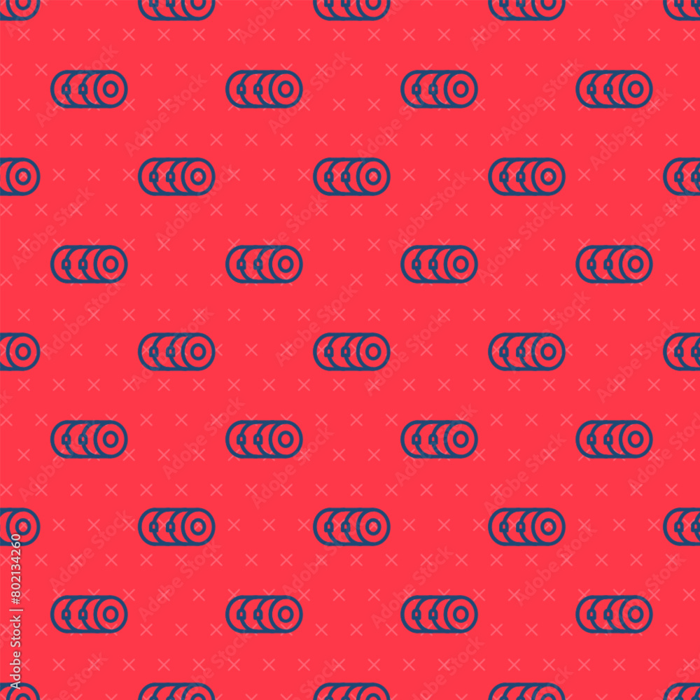 Poster blue line blanket roll icon isolated seamless pattern on red background. camping roll mat. vector
