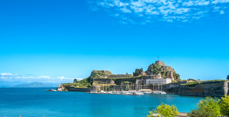 View of the ruins of the Old Fort (Palaio Frourio) from Farilaki, Corfu (Kerkyra), Ionian islands,...