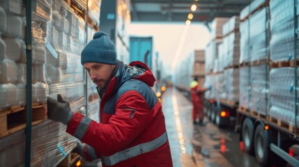 Fototapeta premium workers loading pallets of dairy products onto cargo trucks, ready for transportation to international markets