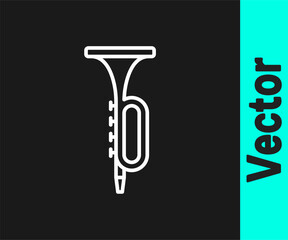 White line Trumpet icon isolated on black background. Musical instrument. Vector