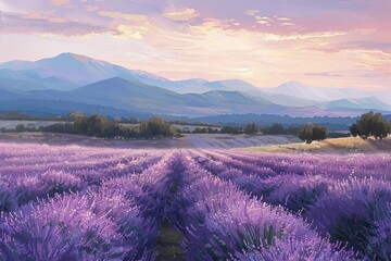 Obraz premium A vast field of lavender stretches into the distance, with rolling hills and mountains in the background