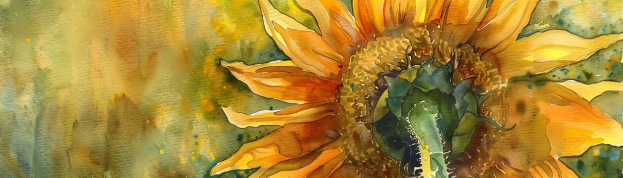 A stunning watercolor painting of a sunflower in full bloom