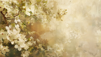Vintage Scrapbooking Background with Blossoming Apple Tree Branches - Delicate pastel-toned backdrop capturing the charm of vintage style, adorned with blooming apple tree branches