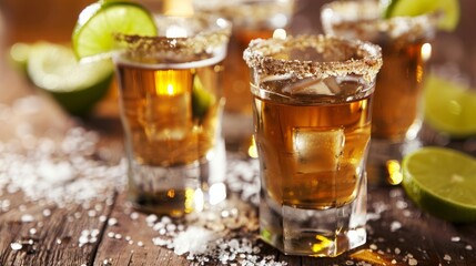 shots of gold Mexican tequila with lime and salt. Alcoholic Mexican national drink