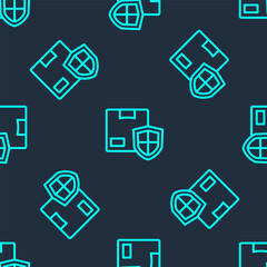 Green line Delivery security with shield icon isolated seamless pattern on blue background. Delivery insurance. Insured cardboard boxes beyond the shield. Vector