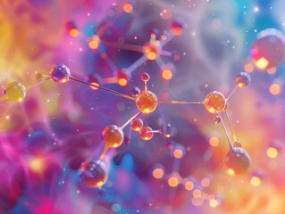 3D illustration of vibrant atoms and molecules, interconnected in a dynamic arrangement,.