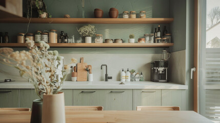 A kitchen with a white counter and shelves full of jars and bottles. A vase of flowers sits on the counter