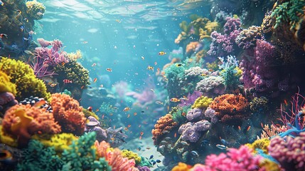 A beautiful and vibrant coral reef with a variety of fish swimming around. The water is crystal clear and the sun is shining down, creating a magical and enchanting scene.