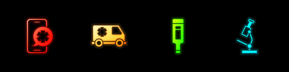 Set Emergency phone call, car, Digital thermometer and Microscope icon. Vector