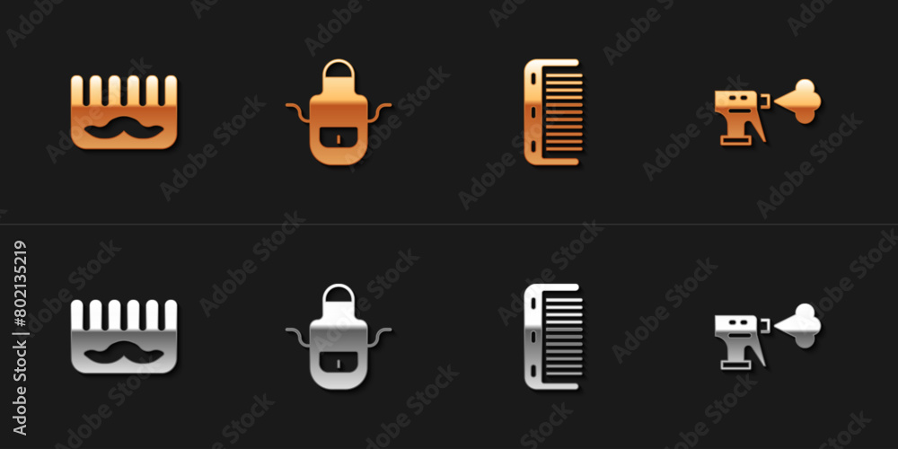 Poster set hairbrush, barber apron, and hairdresser pistol spray bottle icon. vector