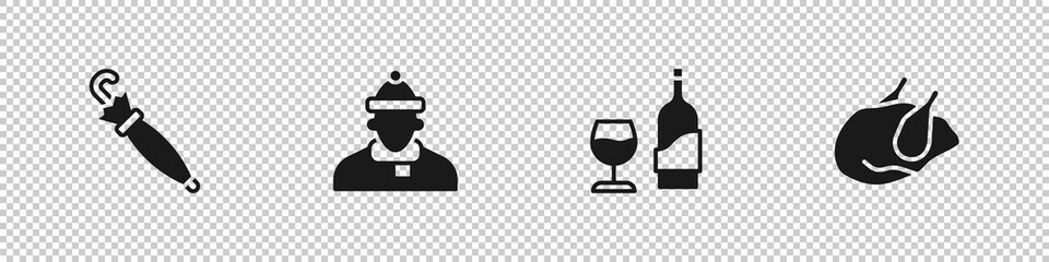 Set Umbrella, Autumn clothes, Wine bottle with glass and Roasted turkey or chicken icon. Vector